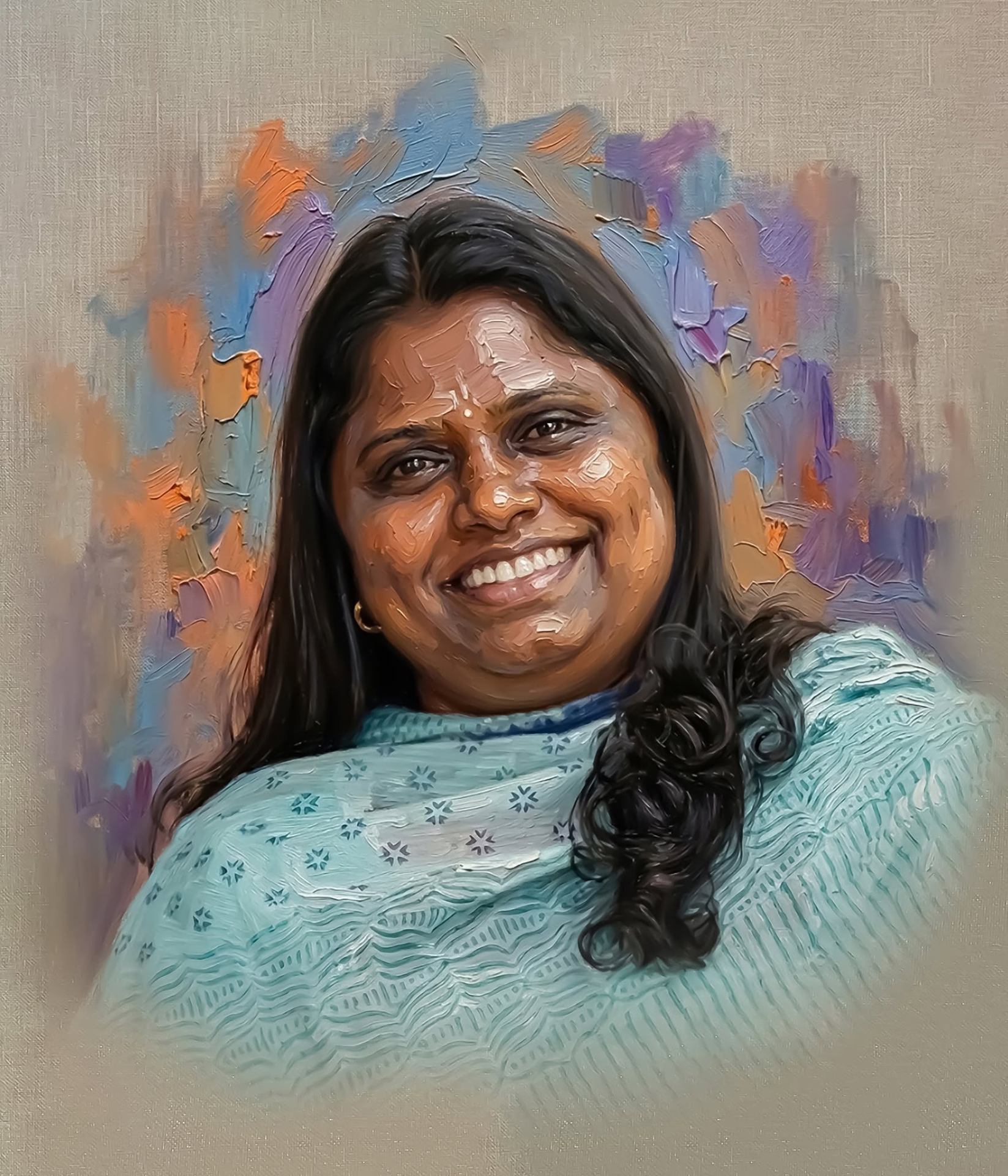 Oil painting of a smiling woman