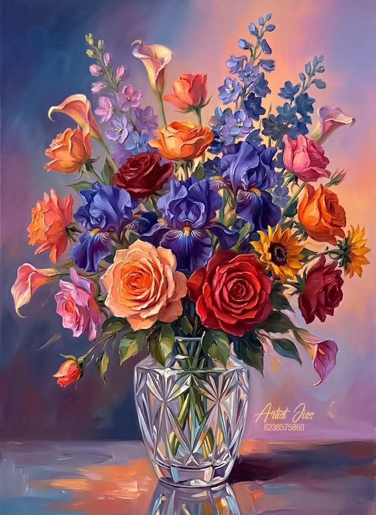 Oil painting of a flower bouquet in a crystal vase