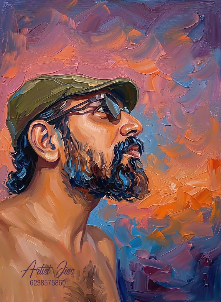 Oil painting of a man in profile wearing a cap